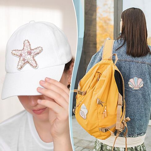 WEBEEDY 3 Styles Sea Animals Beaded Patches Pearl Applique Sewing Patches Pink Conchs Shells Starfish Shape Rhinestone Beaded Applique for Clothes Bag Pants Shoes Hats Summer DIY Accessories in Saudi Arabia