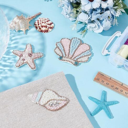 WEBEEDY 3 Styles Sea Animals Beaded Patches Pearl Applique Sewing Patches Pink Conchs Shells Starfish Shape Rhinestone Beaded Applique for Clothes Bag Pants Shoes Hats Summer DIY Accessories in Saudi Arabia