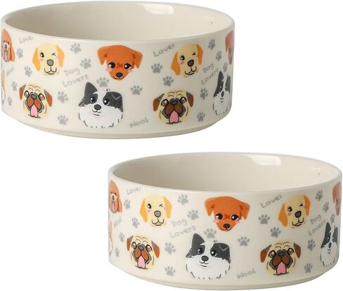 Ceramic Dog Bowls Set of 2, Pet Cat Dog Food Bowls Water Bowl with Cute Pattern, 5.1 inch Dog Dishes for Small Size Dog and Cat, White in Kuwait