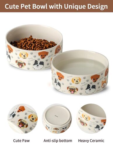 Ceramic Dog Bowls Set of 2, Pet Cat Dog Food Bowls Water Bowl with Cute Pattern, 5.1 inch Dog Dishes for Small Size Dog and Cat, White in Kuwait
