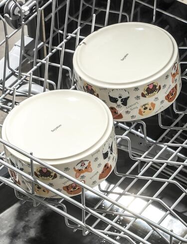 Ceramic Dog Bowls Set of 2, Pet Cat Dog Food Bowls Water Bowl with Cute Pattern, 5.1 inch Dog Dishes for Small Size Dog and Cat, White in Kuwait