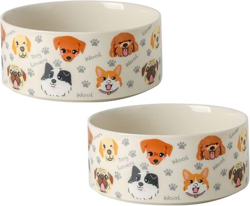 Ceramic Dog Bowls Set of 2, Pet Cat Dog Food Bowls Water Bowl with Cute Pattern, 5.1 inch Dog Dishes for Small Size Dog and Cat, White in Kuwait