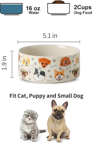 Ceramic Dog Bowls Set of 2, Pet Cat Dog Food Bowls Water Bowl with Cute Pattern, 5.1 inch Dog Dishes for Small Size Dog and Cat, White in Kuwait