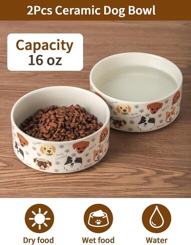 Ceramic Dog Bowls Set of 2, Pet Cat Dog Food Bowls Water Bowl with Cute Pattern, 5.1 inch Dog Dishes for Small Size Dog and Cat, White in Kuwait
