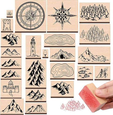 Marspark 24 PCS Compass Mountains Stamp Combo Map Making Rubber Stamp Stamps Compass Outdoor Scenery Stamps لمغامرات آر بي جي ، ورواية القصص ، والمشاريع الإبداعية in Kuwait