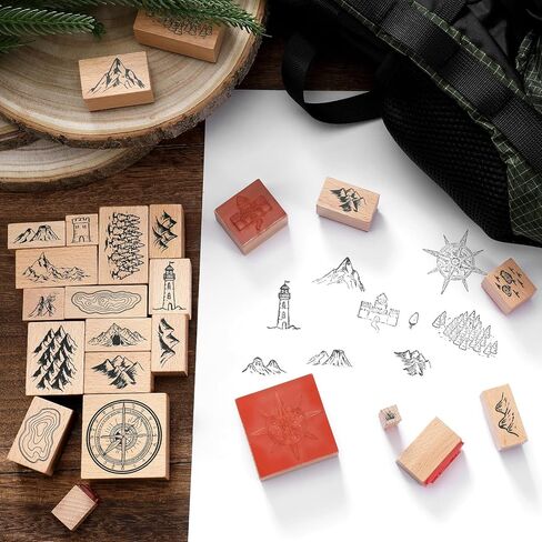 Marspark 24 PCS Compass Mountains Stamp Combo Map Making Rubber Stamp Stamps Compass Outdoor Scenery Stamps لمغامرات آر بي جي ، ورواية القصص ، والمشاريع الإبداعية in Kuwait