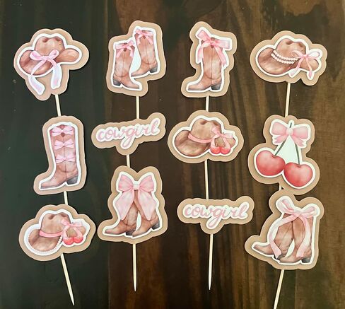 Cowgirl Party Cupcake Toppers, Western Theme Cake Decorations, Pink, Cream and Brown, Set of 12 in Saudi Arabia