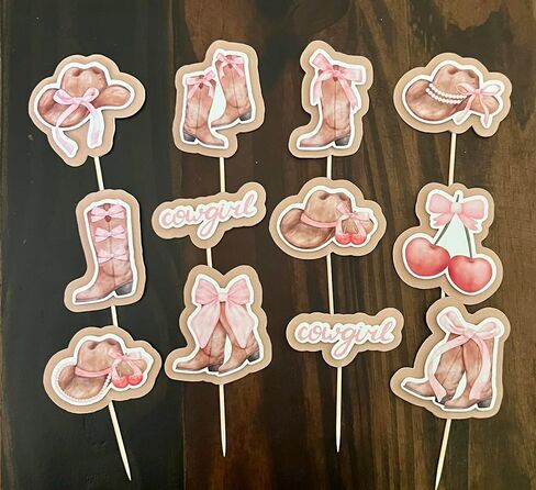 Cowgirl Party Cupcake Toppers, Western Theme Cake Decorations, Pink, Cream and Brown, Set of 12 in Saudi Arabia