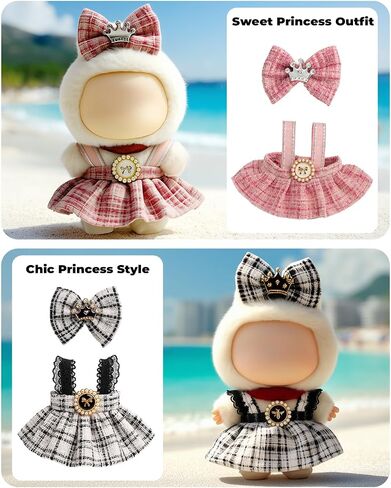 (2-Pack) 17cm Clothes Set, Black Plaid Outfit & Pink Plaid Dress Set, Stylish Doll Clothes with Bow Clip & Unique Metallic Details, Adorable Doll Accessories for 17cm Dolls in Kuwait