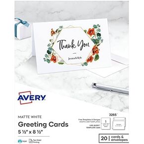 بطاقات تهنئة قابلة للطباعة من Avery، نصف مطوية، 5.5 بوصة × 8.5 بوصة، أبيض غير لامع، 20 بطاقة فارغة مع مغلفات (3265) in Kuwait