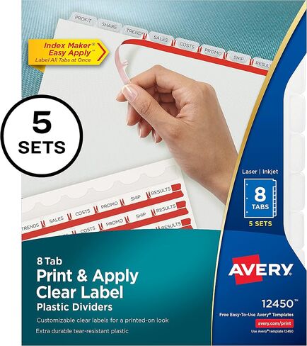Avery 12450 Maker Maker Dividers ، 8-Tabs/Clear ، خطاب ، 5 مجموعات/PK in Kuwait