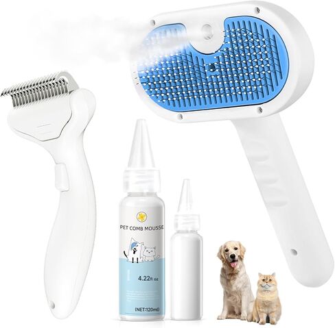 Pet Steam Brush for Dog & Cat - 3-in-1 Steam Grooming Slicker Brush & Undercoat Rake for Shedding - Self Cleaning Spray Comb with Mist for Long & Short Haired Pets - Includes Waterless Shampoo, Blue in Kuwait