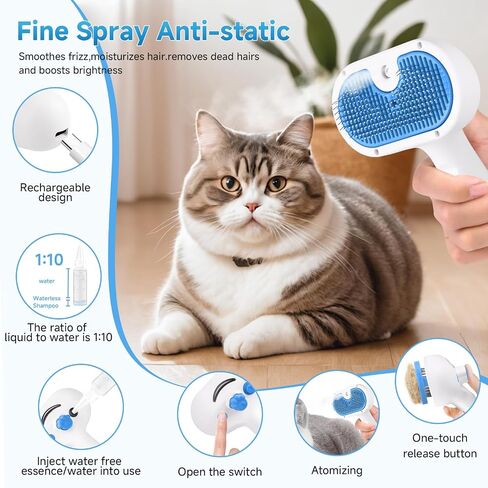 Pet Steam Brush for Dog & Cat - 3-in-1 Steam Grooming Slicker Brush & Undercoat Rake for Shedding - Self Cleaning Spray Comb with Mist for Long & Short Haired Pets - Includes Waterless Shampoo, Blue in Saudi Arabia
