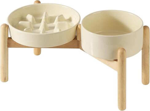 Ceramic Raised Slow Feeder Dog Bowl Set, Elevated 6.1inch Bowl and 7.3inch Slow Pet Food Dish with Wooden Stand for Small and Medium Dog (2 x Beige+ Stand) in Saudi Arabia