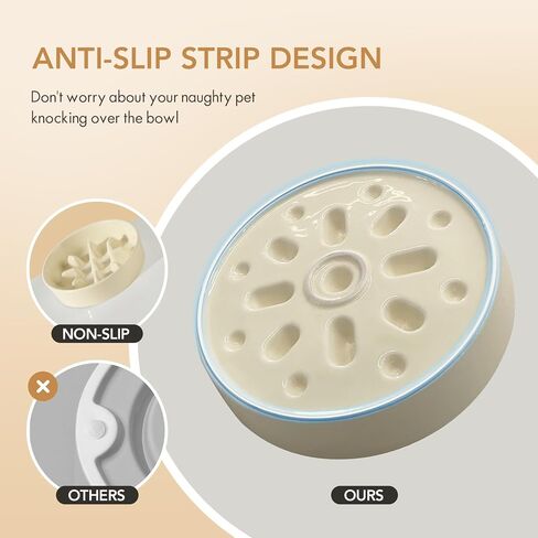 Ceramic Raised Slow Feeder Dog Bowl Set, Elevated 6.1inch Bowl and 7.3inch Slow Pet Food Dish with Wooden Stand for Small and Medium Dog (2 x Beige+ Stand) in Saudi Arabia