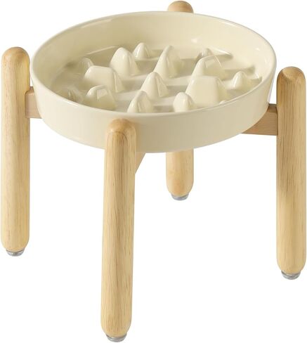 Ceramic Raised Slow Feeder Dog Bowl Set, Elevated 6.1inch Bowl and 7.3inch Slow Pet Food Dish with Wooden Stand for Small and Medium Dog (2 x Beige+ Stand) in Saudi Arabia