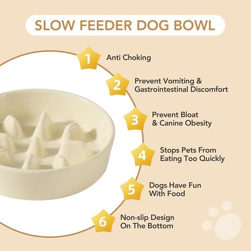 Ceramic Raised Slow Feeder Dog Bowl Set, Elevated 6.1inch Bowl and 7.3inch Slow Pet Food Dish with Wooden Stand for Small and Medium Dog (2 x Beige+ Stand) in Saudi Arabia