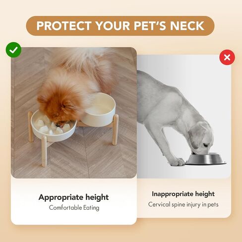 Ceramic Raised Slow Feeder Dog Bowl Set, Elevated 6.1inch Bowl and 7.3inch Slow Pet Food Dish with Wooden Stand for Small and Medium Dog (2 x Beige+ Stand) in Saudi Arabia