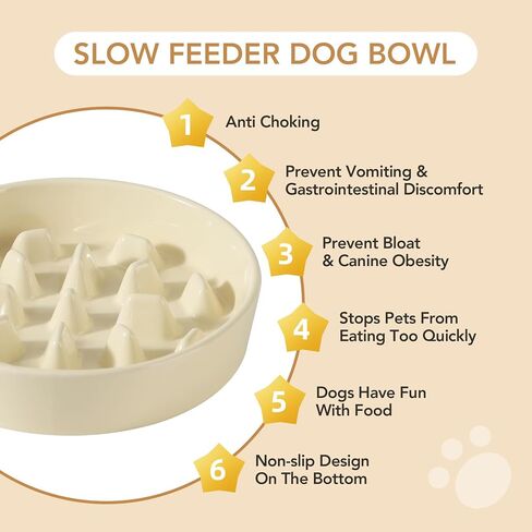 Ceramic Raised Slow Feeder Dog Bowl Set, Elevated 6.1inch Bowl and 7.3inch Slow Pet Food Dish with Wooden Stand for Small and Medium Dog (2 x Beige+ Stand) in Saudi Arabia