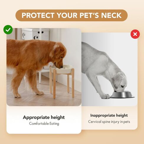 Ceramic Raised Slow Feeder Dog Bowl Set, Elevated 6.1inch Bowl and 7.3inch Slow Pet Food Dish with Wooden Stand for Small and Medium Dog (2 x Beige+ Stand) in Saudi Arabia