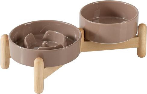 Ceramic Raised Slow Feeder Dog Bowl Set, Elevated 6.1inch Bowl and 7.3inch Slow Pet Food Dish with Wooden Stand for Small and Medium Dog (2 x Beige+ Stand) in Saudi Arabia