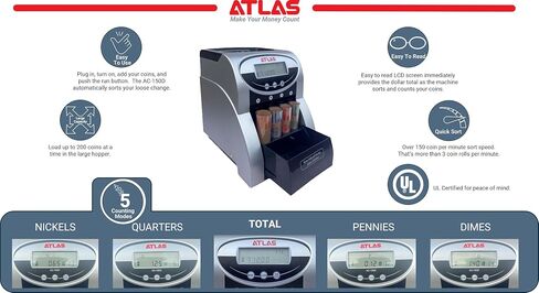 ATLAS Automatic Coin Counter and Coin Sorter with Digital Display (AC-150D) - 5 Coin Counting Modes: Total, Pennies, Nickels, Dimes, Quarters. Auto-Stop When Coin Roller is Full. in Saudi Arabia
