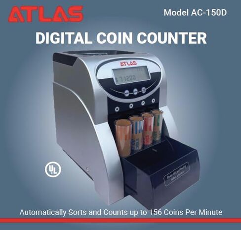ATLAS Automatic Coin Counter and Coin Sorter with Digital Display (AC-150D) - 5 Coin Counting Modes: Total, Pennies, Nickels, Dimes, Quarters. Auto-Stop When Coin Roller is Full. in Saudi Arabia