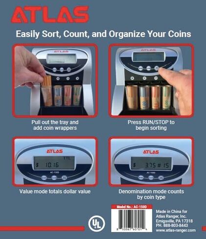 ATLAS Automatic Coin Counter and Coin Sorter with Digital Display (AC-150D) - 5 Coin Counting Modes: Total, Pennies, Nickels, Dimes, Quarters. Auto-Stop When Coin Roller is Full. in Saudi Arabia