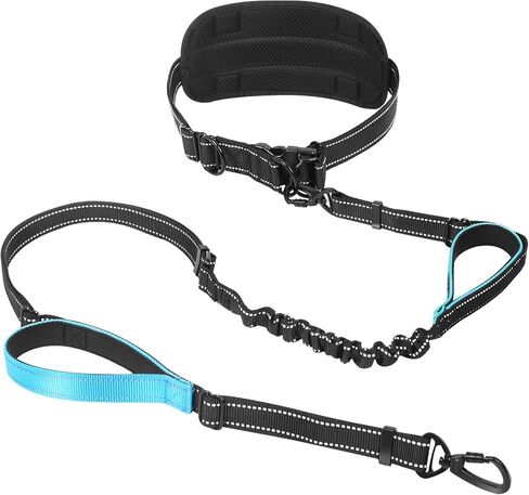 Heavy Duty Hands Free Double Dog Leash for Large Medium Breeds, 6-8ft Reflective Strong Nylon Bungee Leash with No-Tangle Design, Wide Waist Belt, 4 Padded Handles in Saudi Arabia