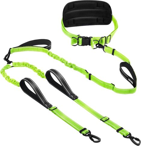 Heavy Duty Hands Free Double Dog Leash for Large Medium Breeds, 6-8ft Reflective Strong Nylon Bungee Leash with No-Tangle Design, Wide Waist Belt, 4 Padded Handles in Saudi Arabia