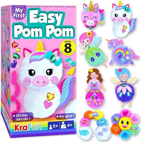 KRAFUN Easy Pom Pom Craft Kit for Girls, 8 Cute Crafts (Unicorn, Fairies), Felt Stickers, Instructions, Creative DIY Set, Adorable Educational Toy in Kuwait