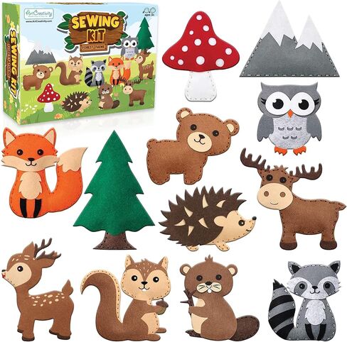 ArtCreativity Kids Woodland Animal Felt Sewing Kit, Stuffed Animal Sewing Craft Kit with 12 Characters, 6 Child-Friendly Needles, 7 Thread Bundles, 1 Bag of Stuffing & Scissors, Kids Sewing Kit 4-12 in Kuwait