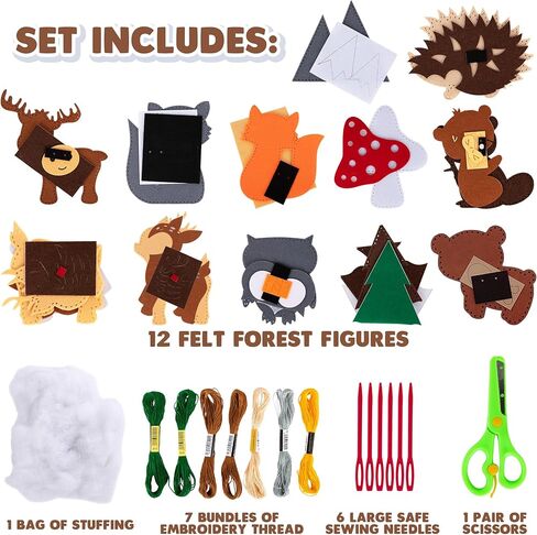 ArtCreativity Kids Woodland Animal Felt Sewing Kit, Stuffed Animal Sewing Craft Kit with 12 Characters, 6 Child-Friendly Needles, 7 Thread Bundles, 1 Bag of Stuffing & Scissors, Kids Sewing Kit 4-12 in Kuwait
