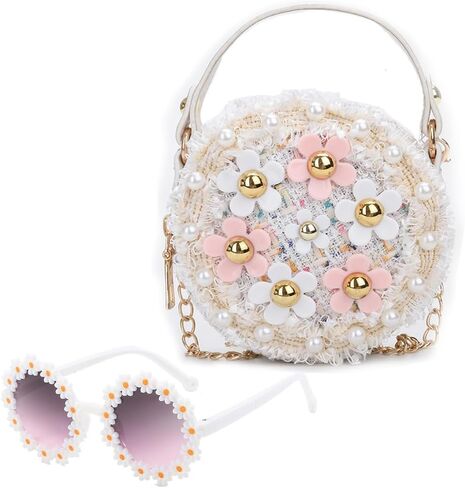 لطيفة طفل صغير فتيات صغيرات جولة كروس مع نظارة شمسية لؤلؤة وزراعة الأميرة على غرار حقيبة يد مع حزمة مربع الهدايا in Kuwait