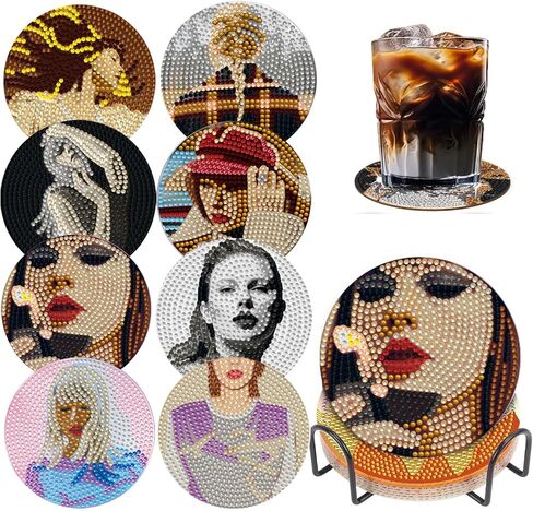 8 PCS Singer Diamond Art Coasters Kits ، Pop Star Diamond Painting Coaster مع مجموعة من 8 ، Diy Drink Coasters Frange Supplies للبالغين كأس السجادة للديكور المنزلي. in Kuwait