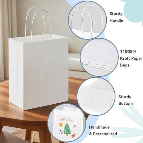 Brothersbox 100pcs حقائب الهدايا الورقية البيضاء متوسطة الحجم 8x4.75x10 بوصة ، أكياس ورقية Kraft مع مقابض كبيرة للتسوق ، الحرف ، الأعمال ، البيع بالتجزئة ، الحفلات ، تناول الطعام ، Goodie ، البقالة in Kuwait