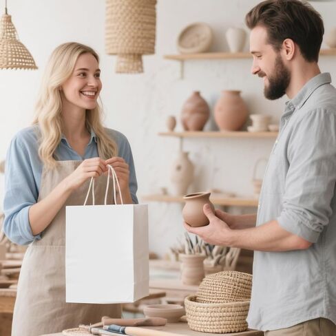 Brothersbox 100pcs حقائب الهدايا الورقية البيضاء متوسطة الحجم 8x4.75x10 بوصة ، أكياس ورقية Kraft مع مقابض كبيرة للتسوق ، الحرف ، الأعمال ، البيع بالتجزئة ، الحفلات ، تناول الطعام ، Goodie ، البقالة in Kuwait