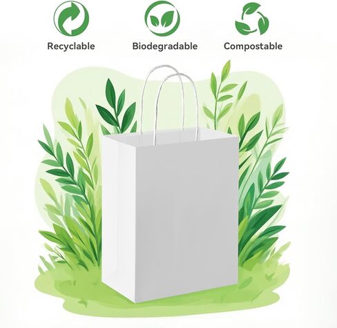 Brothersbox 100pcs حقائب الهدايا الورقية البيضاء متوسطة الحجم 8x4.75x10 بوصة ، أكياس ورقية Kraft مع مقابض كبيرة للتسوق ، الحرف ، الأعمال ، البيع بالتجزئة ، الحفلات ، تناول الطعام ، Goodie ، البقالة in Kuwait