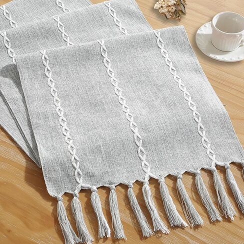 مفرش طاولة Cenebonxy Rustic Boho، مفرش طاولة من الكتان، مفارش طاولة المزرعة بطول 72 بوصة لتزيين طاولة الطعام، 13 × 72 بوصة، عاجي in Kuwait