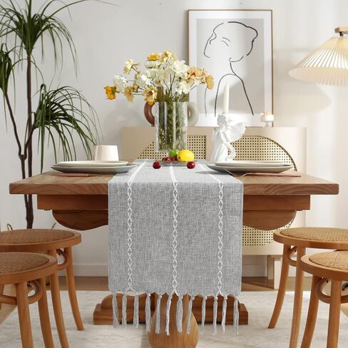 مفرش طاولة Cenebonxy Rustic Boho، مفرش طاولة من الكتان، مفارش طاولة المزرعة بطول 72 بوصة لتزيين طاولة الطعام، 13 × 72 بوصة، عاجي in Kuwait