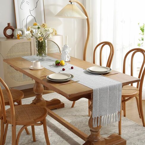 مفرش طاولة Cenebonxy Rustic Boho، مفرش طاولة من الكتان، مفارش طاولة المزرعة بطول 72 بوصة لتزيين طاولة الطعام، 13 × 72 بوصة، عاجي in Kuwait