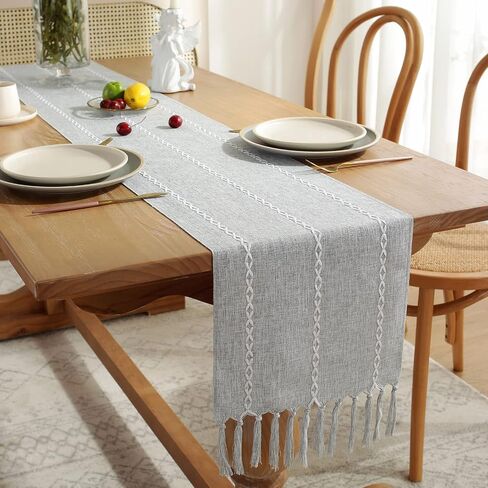 مفرش طاولة Cenebonxy Rustic Boho، مفرش طاولة من الكتان، مفارش طاولة المزرعة بطول 72 بوصة لتزيين طاولة الطعام، 13 × 72 بوصة، عاجي in Kuwait