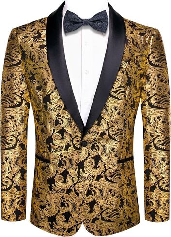 Hi-Tie Mens Suit Blazer Black Gold Flower Shiny One Button Notch Lapel Dress Suit Jacket XXX Large Dinner Party in Kuwait