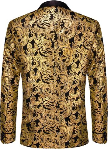 Hi-Tie Mens Suit Blazer Black Gold Flower Shiny One Button Notch Lapel Dress Suit Jacket XXX Large Dinner Party in Kuwait