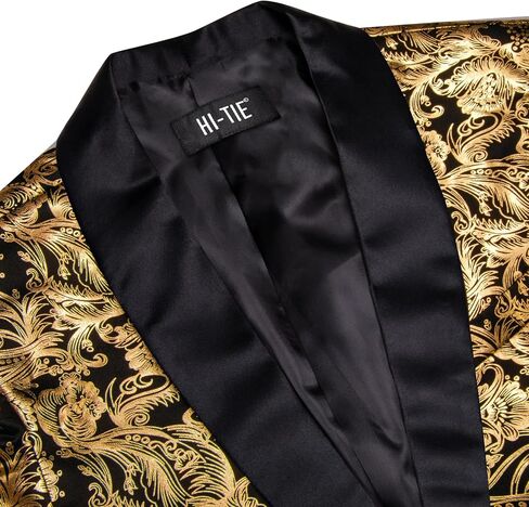 Hi-Tie Mens Suit Blazer Black Gold Flower Shiny One Button Notch Lapel Dress Suit Jacket XXX Large Dinner Party in Kuwait