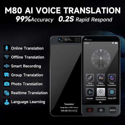 جهاز المترجم اللغوي غير متصل ، M80 ChatGpt Fructant Translator No WiFi ضروري ، 142 لغة في اتجاهين في الوقت الفعلي ترجمة الصوت والتسجيل والصورة الترجمة من أجل التعلم التجاري للسفر in Kuwait
