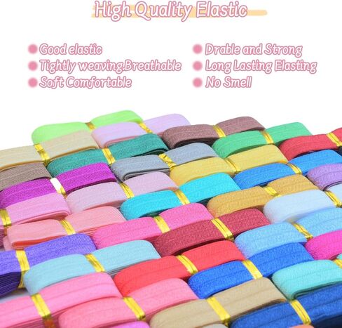 أضعاف الشريط المرن - 40 ياردة ، 40 لونًا متعدد الألوان | ألوان صلبة مرنة للخياطة | DIY Craft Flastic Band لأقواس الشعر ، عصابات الرأس ، علاقات الشعر | تقليم مرن ملون in Kuwait