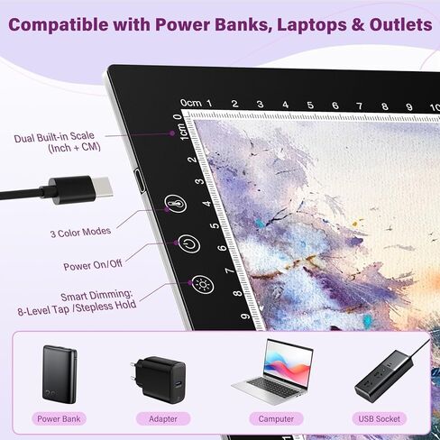Zexalight A4 Light Box للتتبع ، وسادة خفيفة للطلاء الماس مع 8 مستويات/سطوع تعتيم بدون خطوة و 3 أوضاع ملونة ، طاولة ضوء لوحة نسخ فائقة للفنانين تتبع الرسم (الأسود) in Kuwait