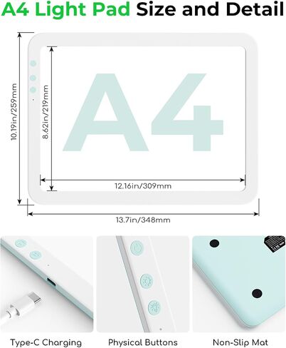 A4 Cordless Diamond Art Light Board for Tracing ، Bawaslom Light Box للتتبع والرسم مع 3 ألوان وسطوع من 6 مستويات ، لوحة رسم LED لفيروس الأعشاب الضارة ، فن الرسم الماسي ، الرسم in Kuwait
