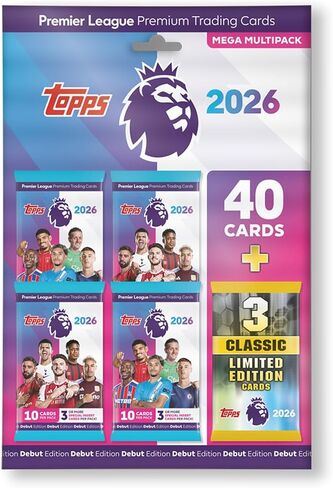 Topps Premier League 2026 - الإصدار الأول - Mega Multipack - يحتوي على 40 بطاقة بالإضافة إلى 3 بطاقات Classic LE عشوائية. in Saudi Arabia